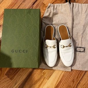 Gucci White Leather Horsebit Princetown Mules